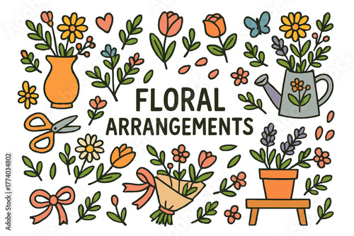 Colorful Floral Doodle. Floral Arrangements. Hand-drawn doodle illustration of floral arrangements. Vase,