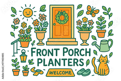 Charming Front Porch Scene. Front Porch Planters. Hand-drawn doodle illustration of front porch planters. Tall