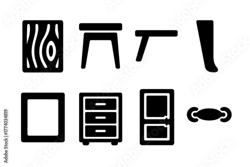 Wood Accent Icons. Wood accents. Filled icon set of wood accents: wood grain texture, side table, shelf, chair