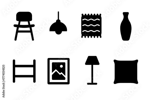 Scandinavian Icon Set. Scandinavian style. Filled icon set of Scandinavian style: wooden chair, pendant lamp,