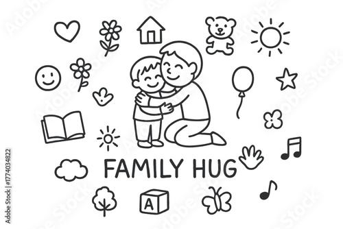 Family Hug Doodle. A child receiving a hug from a parent. Hand-drawn doodle illustration of a child receiving