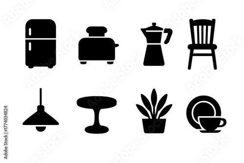Retro Kitchen Icons. Retro kitchen. Filled icon set of retro kitchen: fridge, toaster, coffee pot, kitchen