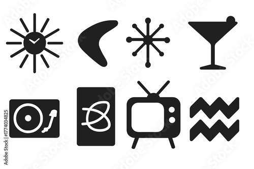 Atomic Age Icons. Atomic age decor. Filled icon set of atomic age decor: starburst clock, boomerang shape,
