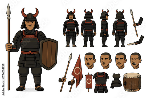 Samurai Character Creation Kit. Cartoon realistic vector illustration, Character constructor style, isolated