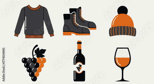 Autumn fashion and wine icons: cozy sweater, warm boots, grape harvest, bottle, and glass