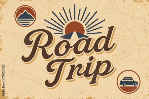 Nostalgic Road Trip. Road Trip. vintage serif script with aged paper effect, shadowed letters, nostalgic print