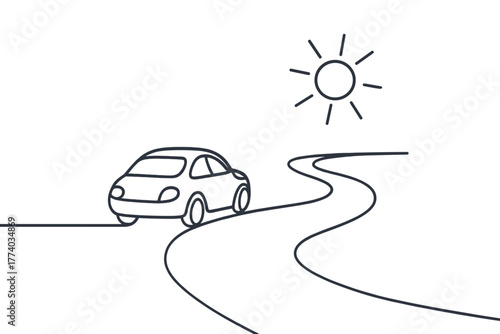 Minimalist Road Trip. Road Trip. minimalistic one-line drawing of a car on a winding road with the sun above,