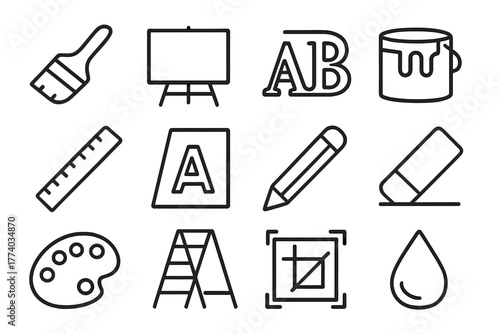 Sign Painting Icons. Sign painting. Line outline icon set of sign painting: paintbrush, board, lettering,
