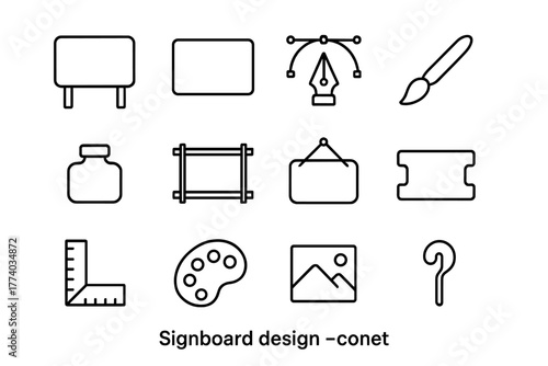 Signboard Design Icons. Signboard design. Line outline icon set of signboard design: board frame, lettering,