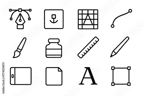 Letter Design Tools. Letter design tools. Line outline icon set of letter design tools: vector pen tool,