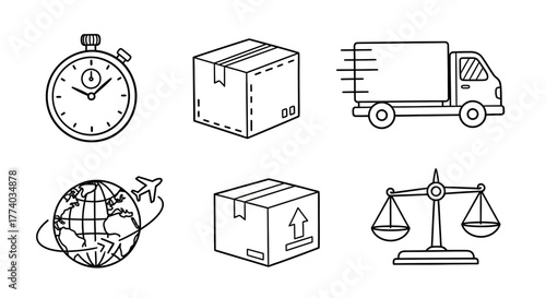 Linear delivery icons: global shipping, fast logistics, package tracking, and weighing scales