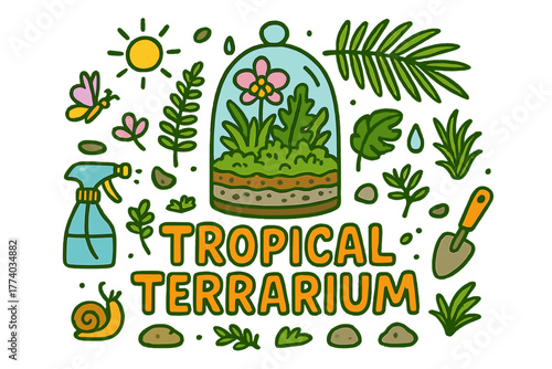 Tropical Terrarium Doodle. Tropical Terrarium. Hand-drawn doodle illustration of tropical terrarium. Glass