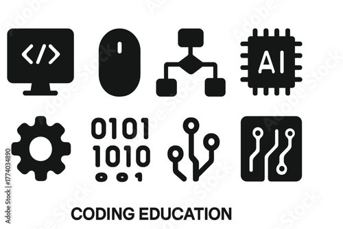 Coding Education Icons. Coding education. Filled icon set of coding education: computer screen, code brackets,
