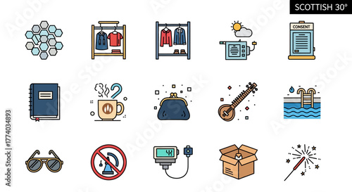 Colorful icons on white background featuring fashion and everyday objects