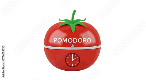 Tomato shaped timer with clock face and pomodoro text in 3d rendering