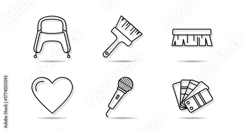 Outline icons of furniture, tools, and entertainment on white background