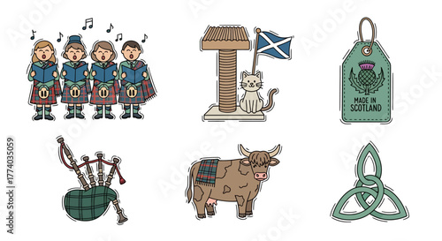 Charming scottish elements: choir, flag, cat tower, bagpipes, highland cow, thistle emblem