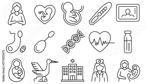 Motherhood and baby care outline illustrations — perfect for hospital, clinic, and parenting design concepts