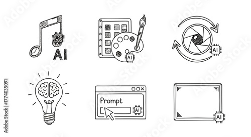 Creative ai icons with artistic tools and symbols in hand drawn style