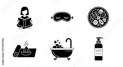 Relaxation and self-care icons: bath, reading, skincare, meditation, aromatherapy