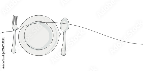 One line drawing of plate, fork, and spoon. Minimal continuous line illustration for restaurant, table setting, and food design.