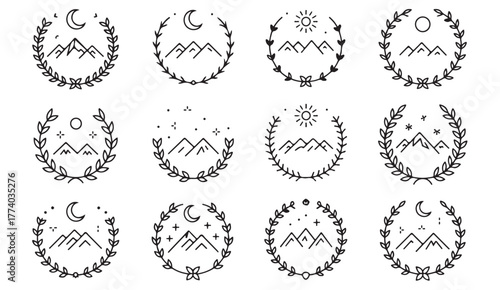 Boho-style mountain and sun illustration set — minimal line art for adventure and nature lovers