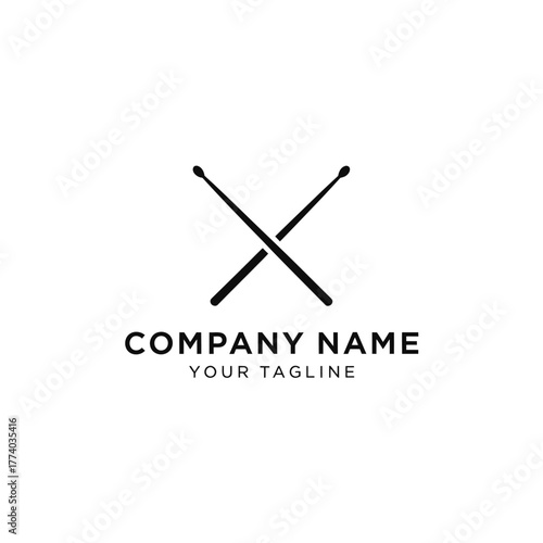 A minimalist black and white logo featuring two crossed drumsticks forming an X shape above company name text.