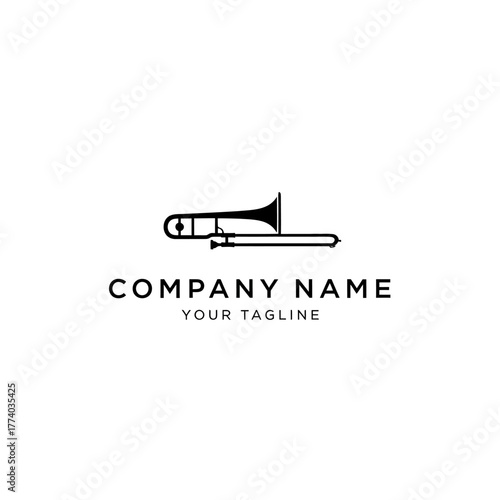 Minimalist trombone logo design for a music company.