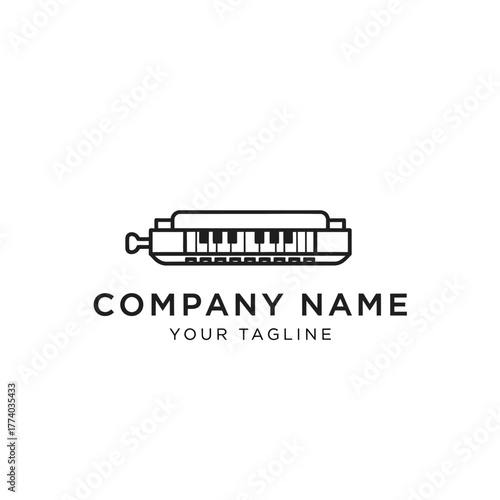 Creative music logo design featuring a hybrid harmonica and piano keyboard in a minimalist line art style.