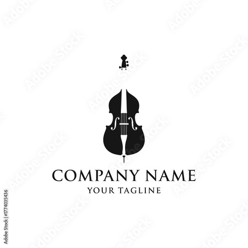 A minimalist black and white logo featuring a stylized cello or double bass, with a tuning fork created in the negative space.