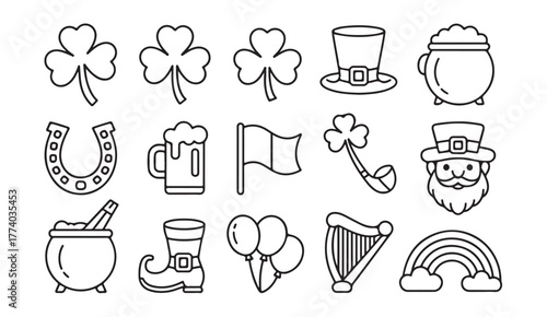 Monochrome holiday vector pack showing shamrocks, rainbow, beer mugs, and leprechaun accessories