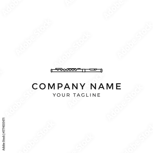 A minimalist line art logo featuring a flute with the text COMPANY NAME and YOUR TAGLINE below it.