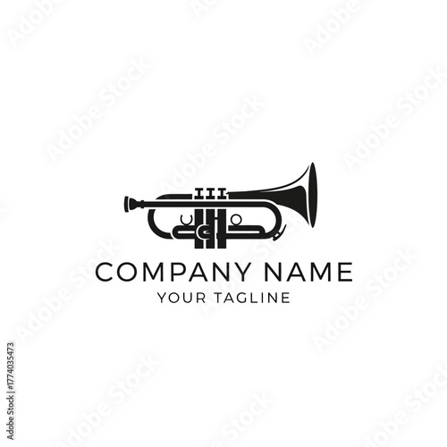 Black silhouette logo design featuring a trumpet with text placeholders for company name and tagline, ideal for music-related businesses.