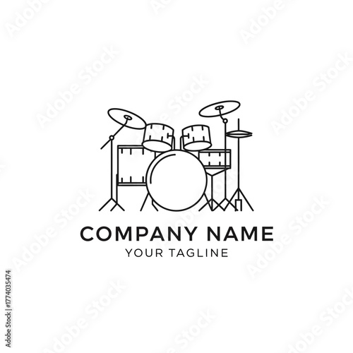 A minimalist line art logo of a drum set, suitable for a music school, band, or recording studio.