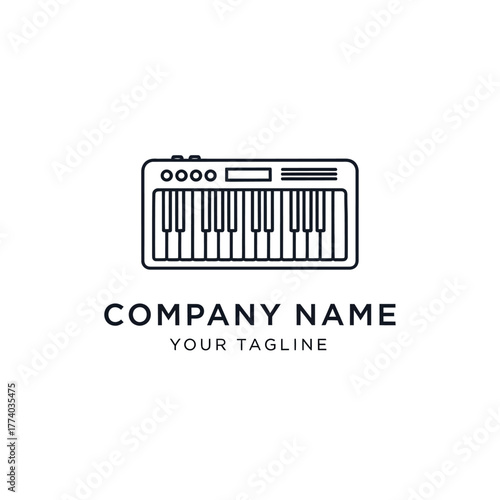 A minimalist black and white line art logo of a synthesizer keyboard with the text COMPANY NAME and YOUR TAGLINE below.