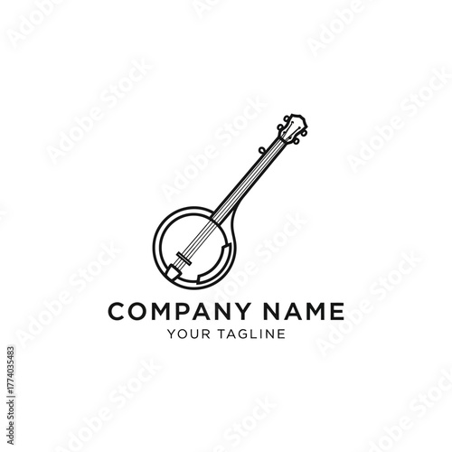 Monochrome illustration of a banjo musical instrument with a company name and tagline.