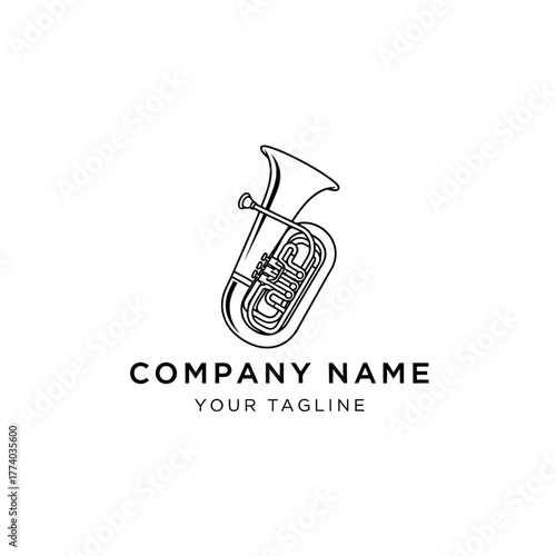 Illustration of a tuba, a brass musical instrument, in black and white.
