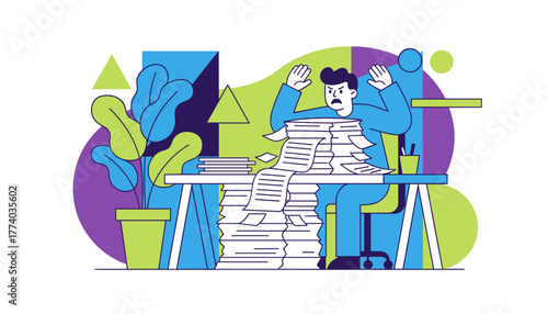Overwhelmed office worker buried under massive paperwork deadline stress