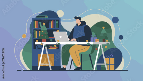 Young man working remotely on a laptop in a festive home office Christmas illustration