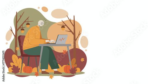 Angry remote worker using a laptop in an autumn park setting struggling with work stress
