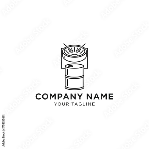 Line art logo design featuring a drum set on an oil barrel, symbolizing a blend of music and industrial themes for a company brand.