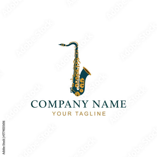 Elegant logo featuring a saxophone, with company name and tagline, suitable for musical businesses.