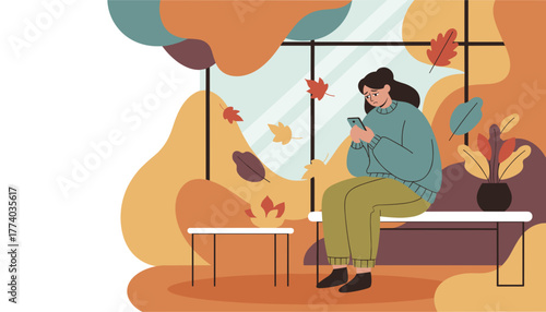 Depressed woman uses phone indoors Autumn sadness loneliness and mental health issues