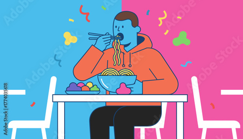 Vibrant illustration of a person happily eating noodles with chopsticks Food fun and fast casual dining