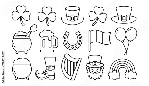 Festive St. Patrick’s Day black and white line art illustration pack for holiday design and decorations
