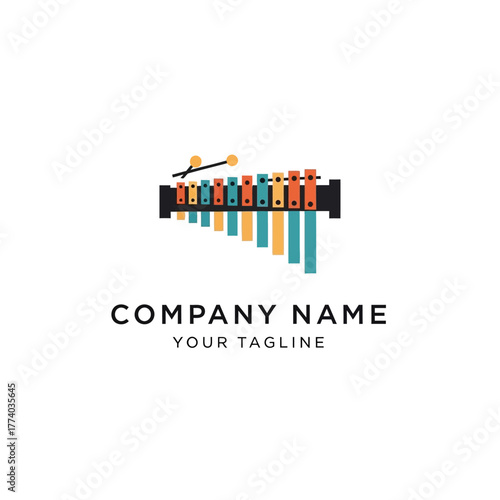 Colorful xylophone logo design with mallets and placeholder text for a company name and tagline.
