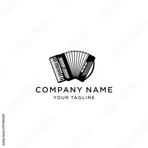 Black and white logo design featuring a classic accordion musical instrument with sample text.