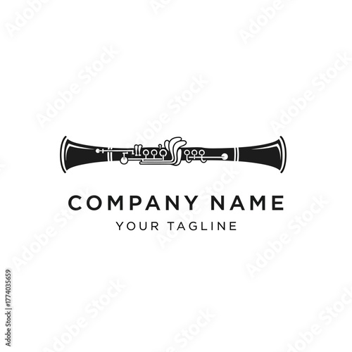Black and white illustration of a clarinet with the company name and tagline below it.
