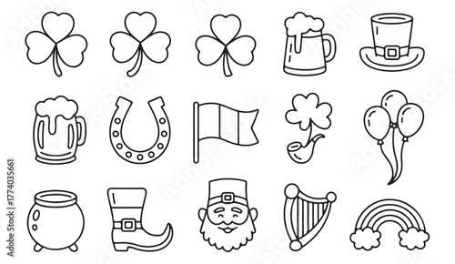Hand-drawn St. Patrick’s Day vector icon set with shamrock, beer, leprechaun hat, rainbow, and lucky symbols
