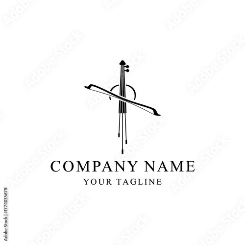 Elegant black and white logo featuring a stylized cello and bow forming a cross, with placeholder text for company name and tagline.